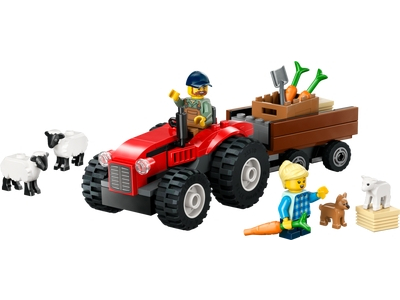 Tractor de ferma rosu cu remorca si oi